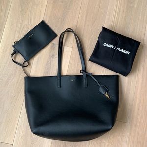 YVES SAINT LAURENT black leather lg shopping tote